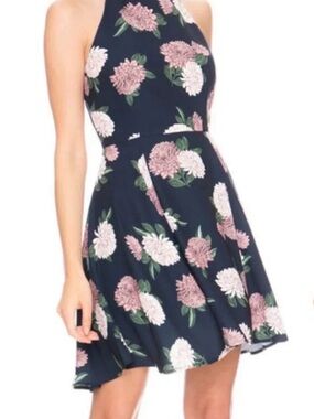 Keepsake Floral Halter Fit & Flare Dress in Navy with Pink Blooms